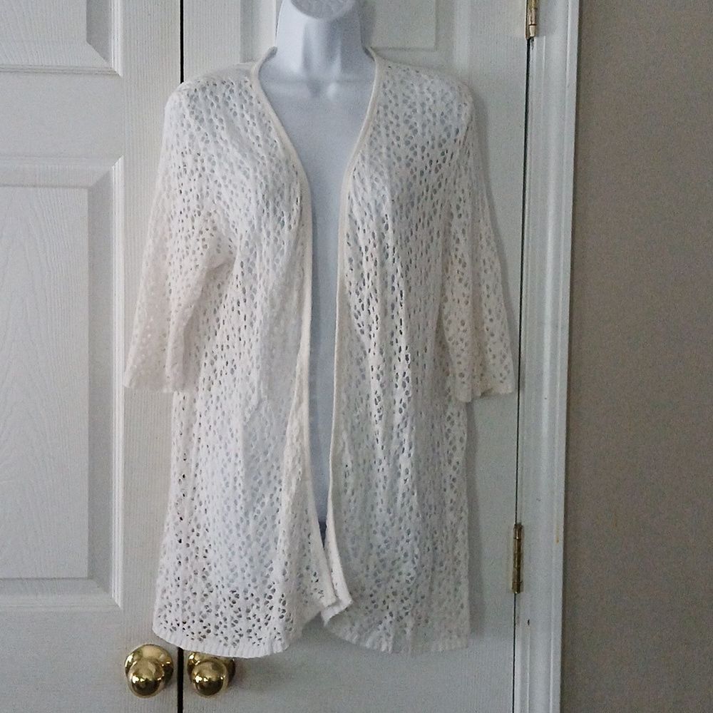 Kim Rogers white crochet  open front cardigan  Sz 1X EUC